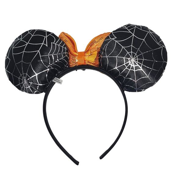 Disney Halloween Minnie Mouse Ears Headband Black Orange Spider Web Rhinestones - Picture 5 of 6